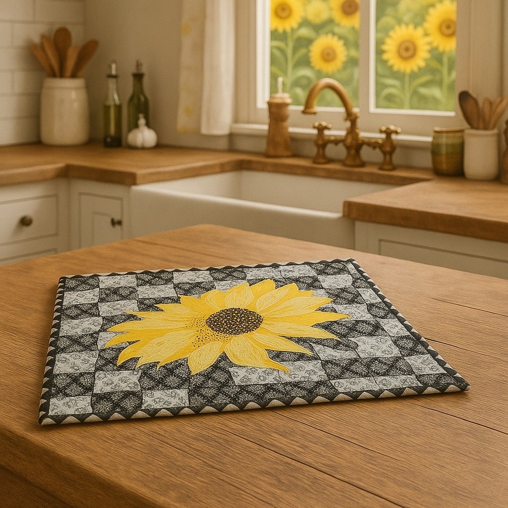Handmade Quilted Sunflower Table Runner or Wall Hanging Black White Yellow Decor